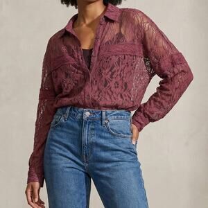 Gimmicks by BKE Sheer Floral Lace Button Down Shirt Mauve Boho Oversized XL